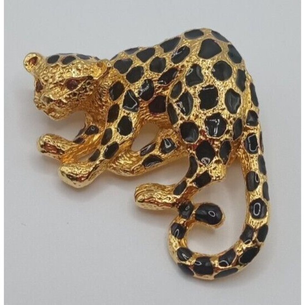 Park Lane Gold Tone Enamel Spot Leopard Cheetah Brooch Pendant Signed
